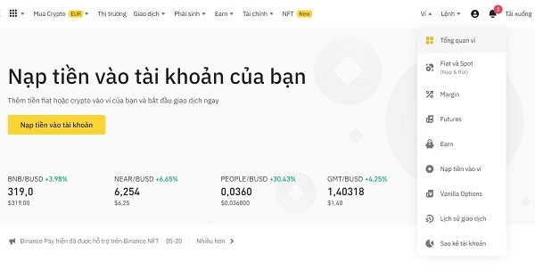 Tiến hành truy cập vào mục ví Binance