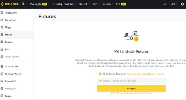 Chọn mục mở ngay tại Binance