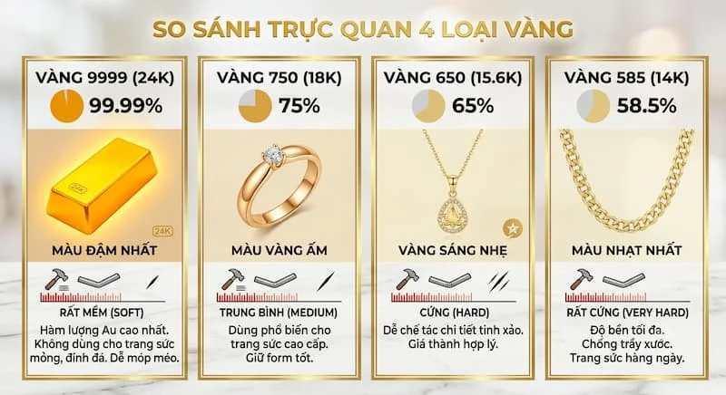 so sanh cac loai vang ve ham luong va do cung